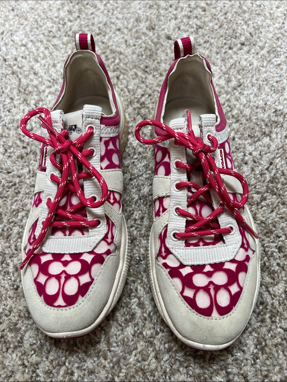 Coach Women's Pink Logo-Print Sneakers with Cream Accents US Size 8B
